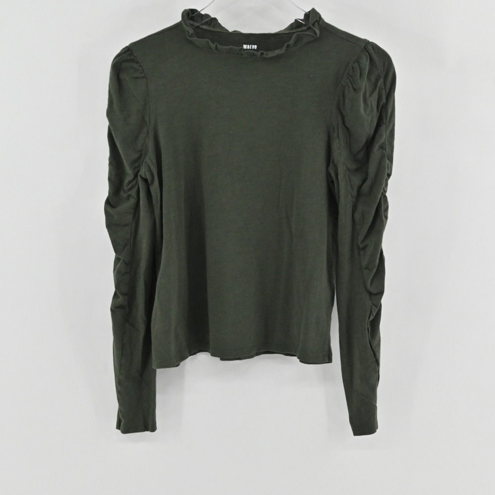 Anthropologie Maeve Ruched Puff Sleeve Top Womens Size S Green Cotton Ruffle